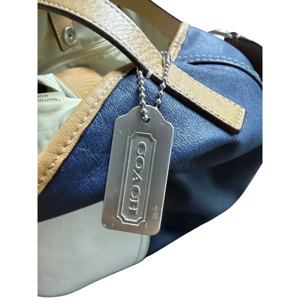 Coach Hadley F27728 Leather Hobo Bag Navy White Tan Colorblock Shoulder Purse